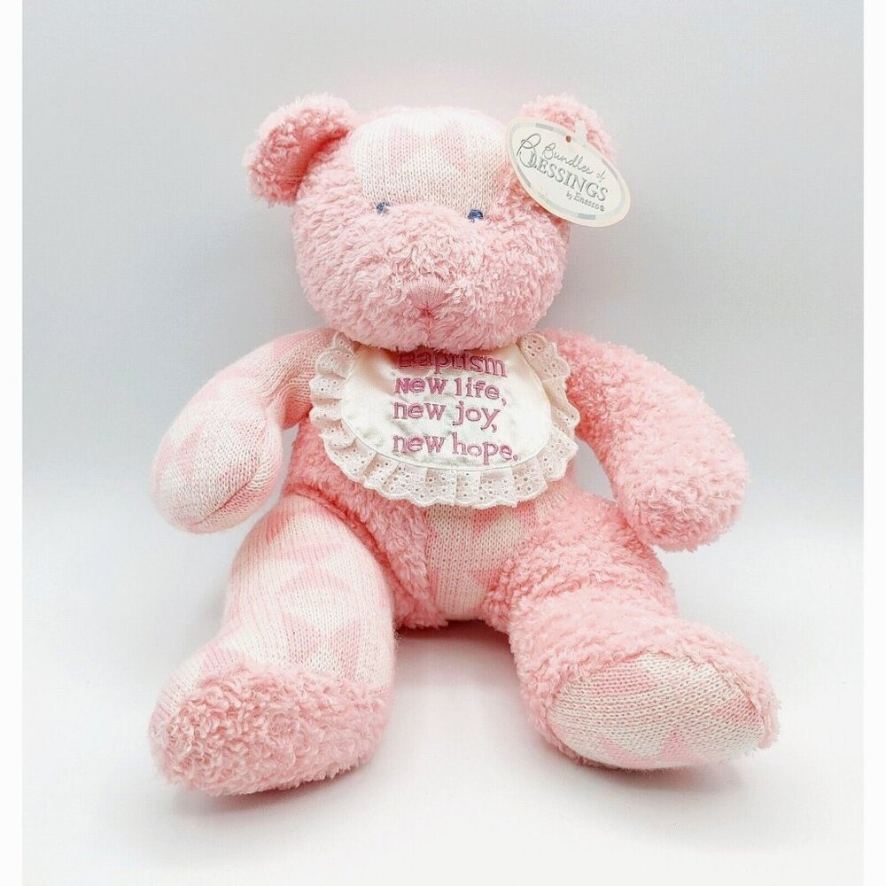 Enesco Bundles of Blessings Baptism Pink Bear w/Bib Plush Stuffed Bear 12"